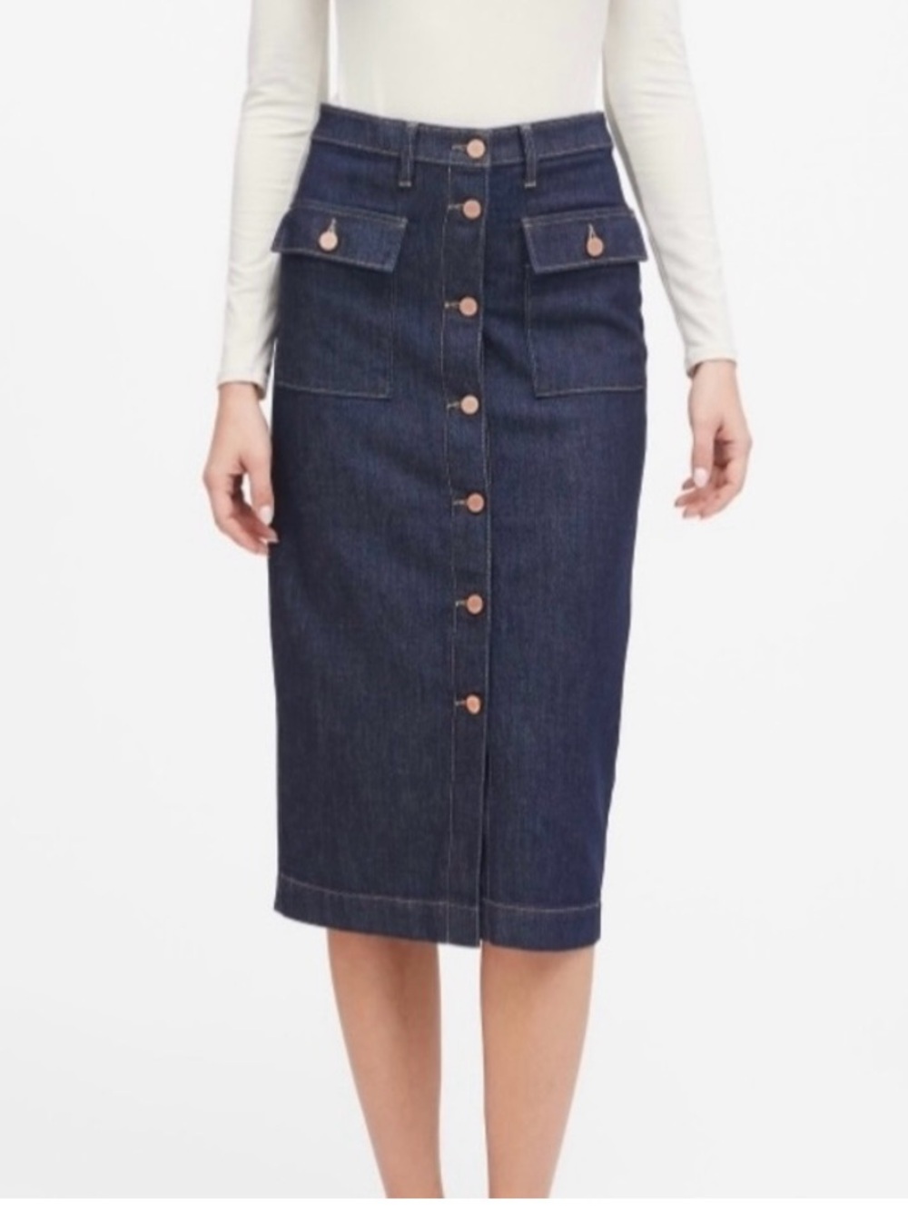 Banana Republic Classic Dark Blue Denim Button-Front Midi Skirt